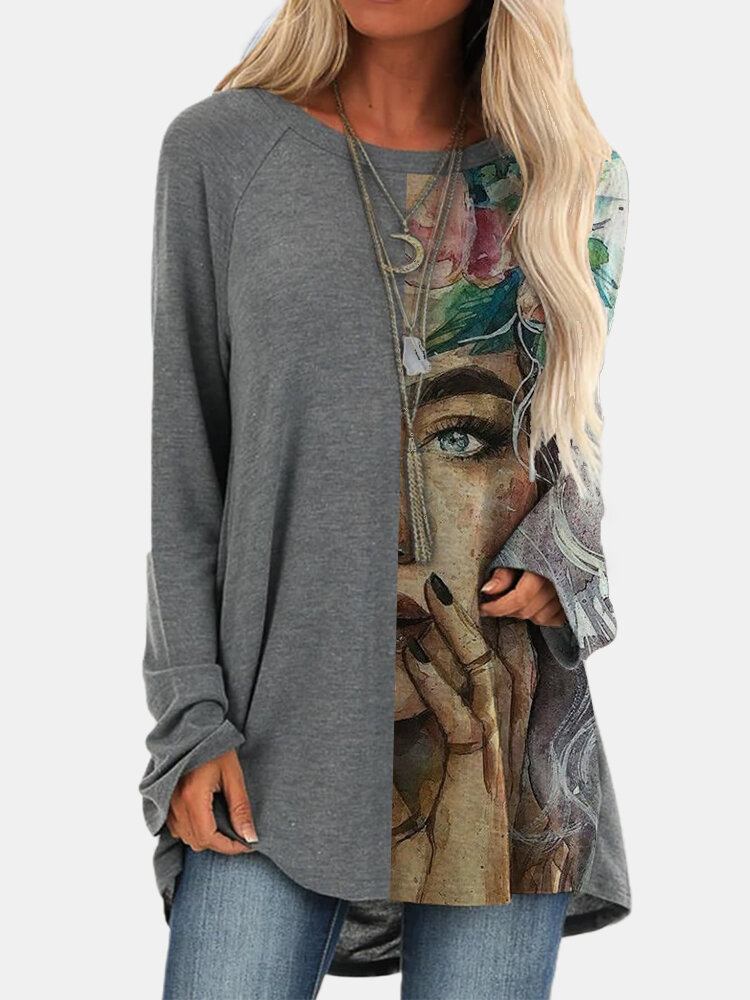 Kvinder Figur Maleri Print Patchwork O-hals Casual Løs Langærmet T-shirt