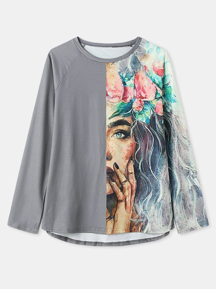 Kvinder Figur Maleri Print Patchwork O-hals Casual Løs Langærmet T-shirt