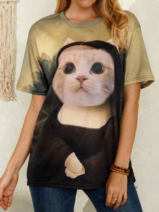 Kvinder Funny Cat Print Rundhalset Kortærmede T-shirts