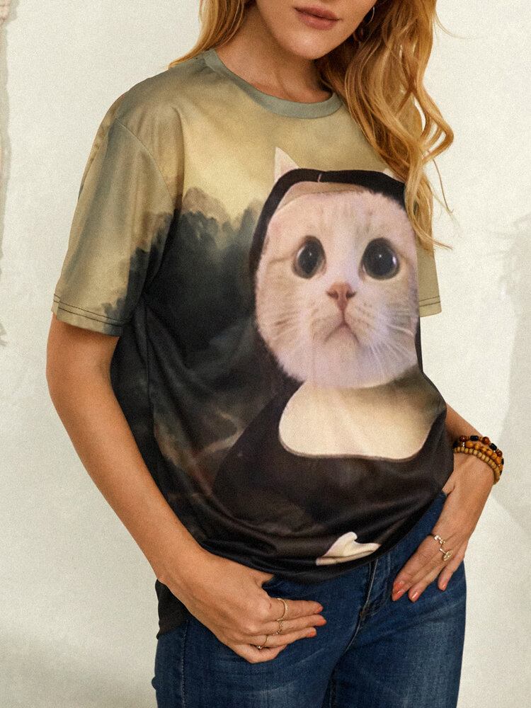 Kvinder Funny Cat Print Rundhalset Kortærmede T-shirts