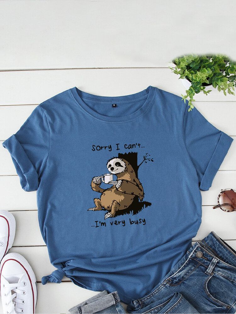 Kvinder Funny Sloth Slogan Print O-hals Kortærmet Daily Comfy T-shirt