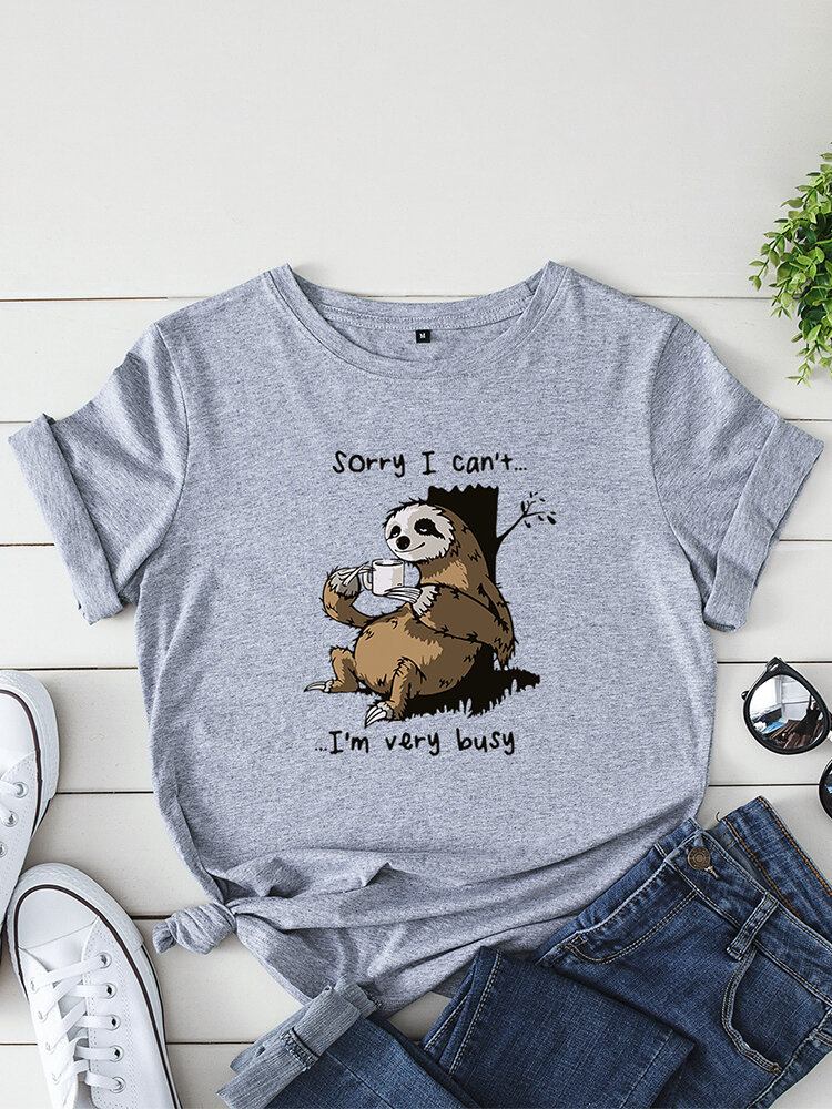 Kvinder Funny Sloth Slogan Print O-hals Kortærmet Daily Comfy T-shirt