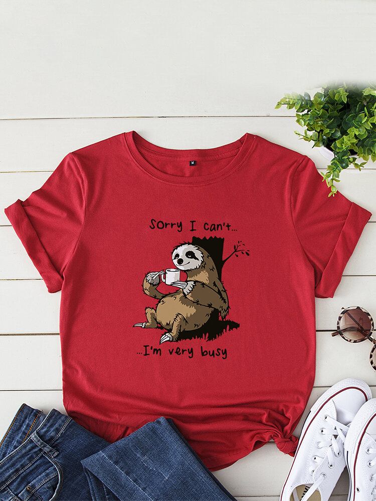 Kvinder Funny Sloth Slogan Print O-hals Kortærmet Daily Comfy T-shirt