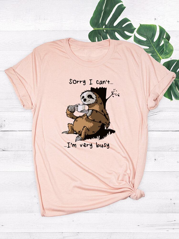 Kvinder Funny Sloth Slogan Print O-hals Kortærmet Daily Comfy T-shirt