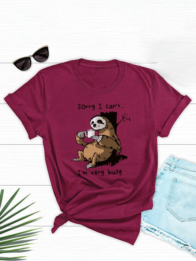 Kvinder Funny Sloth Slogan Print O-hals Kortærmet Daily Comfy T-shirt