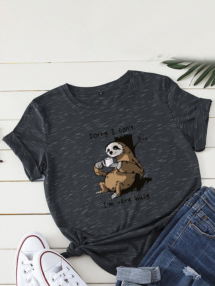 Kvinder Funny Sloth Slogan Print O-hals Kortærmet Daily Comfy T-shirt