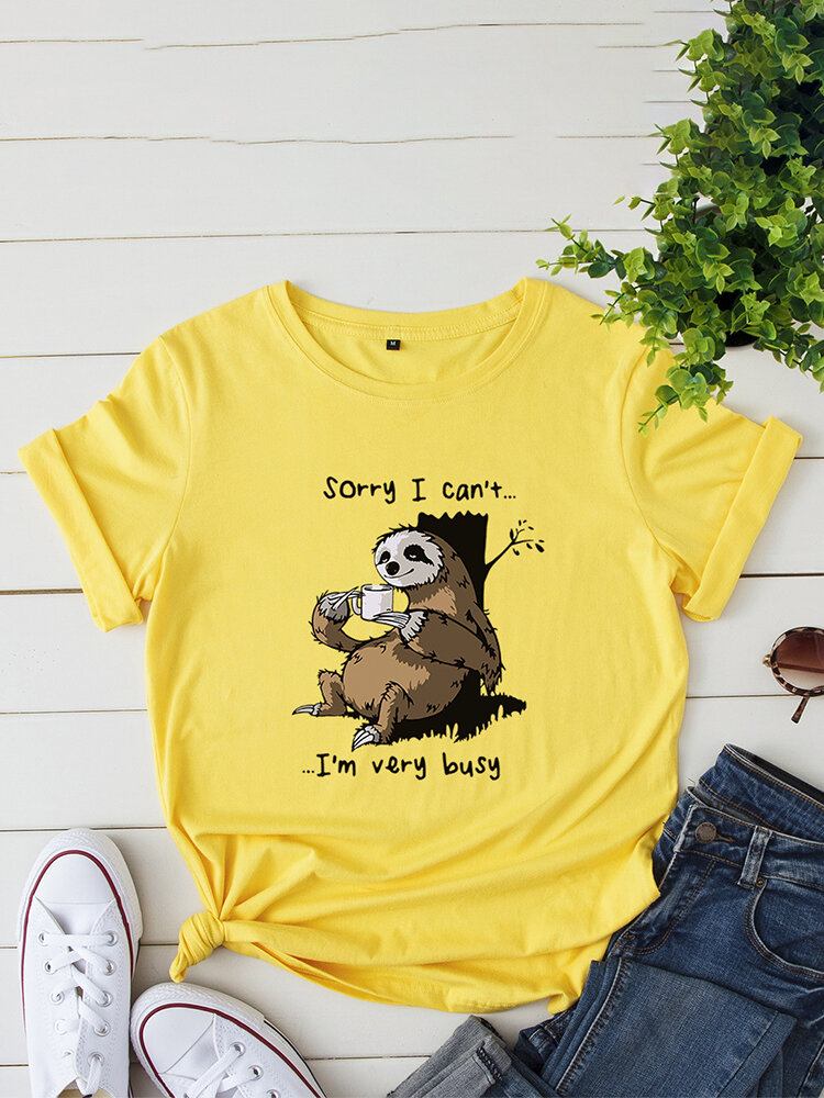 Kvinder Funny Sloth Slogan Print O-hals Kortærmet Daily Comfy T-shirt