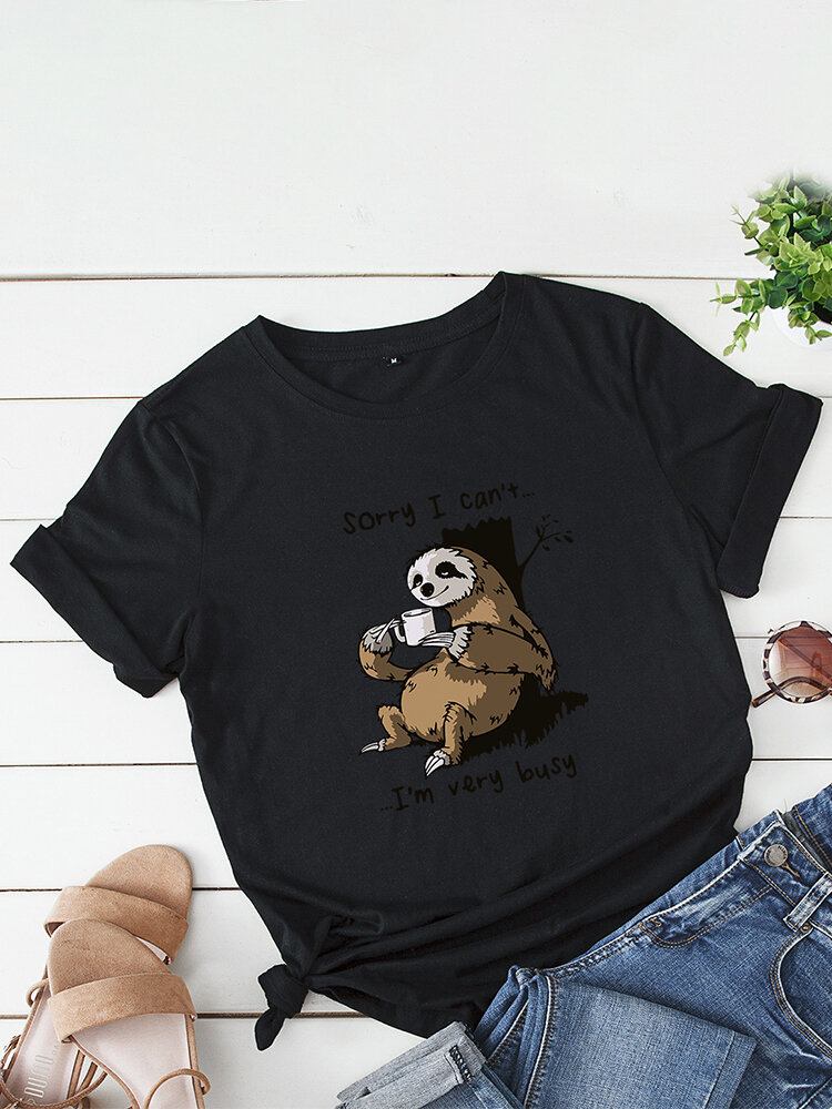 Kvinder Funny Sloth Slogan Print O-hals Kortærmet Daily Comfy T-shirt