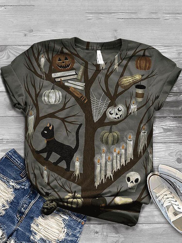 Kvinder Halloween Funny Pumpkin Print Casual Kortærmede T-shirts