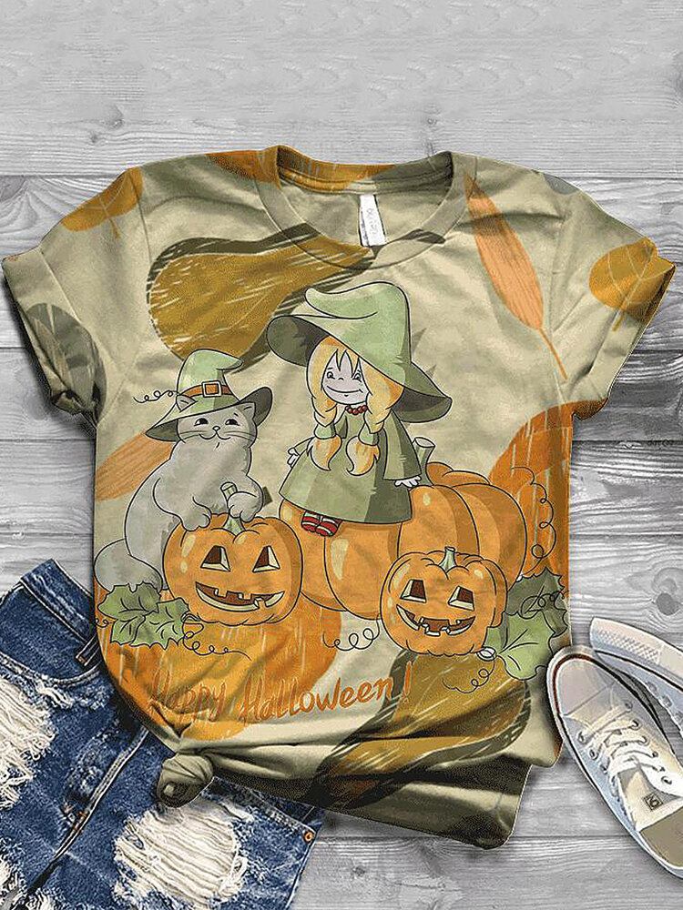 Kvinder Halloween Funny Pumpkin Print Casual Kortærmede T-shirts