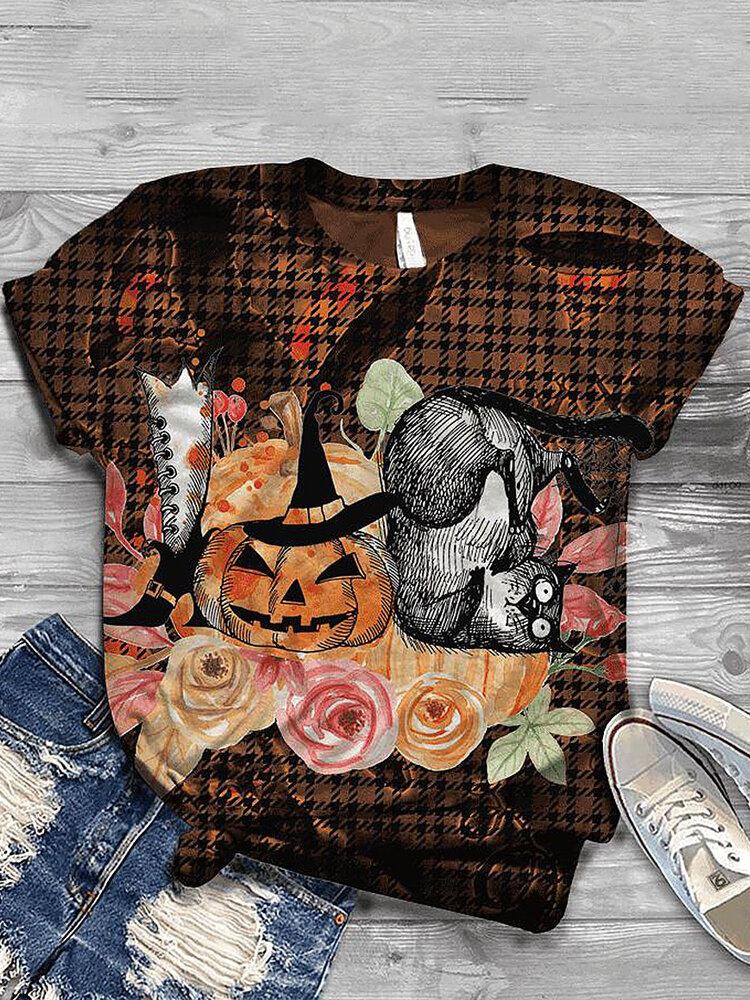 Kvinder Halloween Funny Pumpkin Print Casual Kortærmede T-shirts