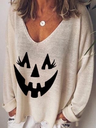 Kvinder Halloween Funny Pumpkin Print V-hals Løse Langærmede T-shirts