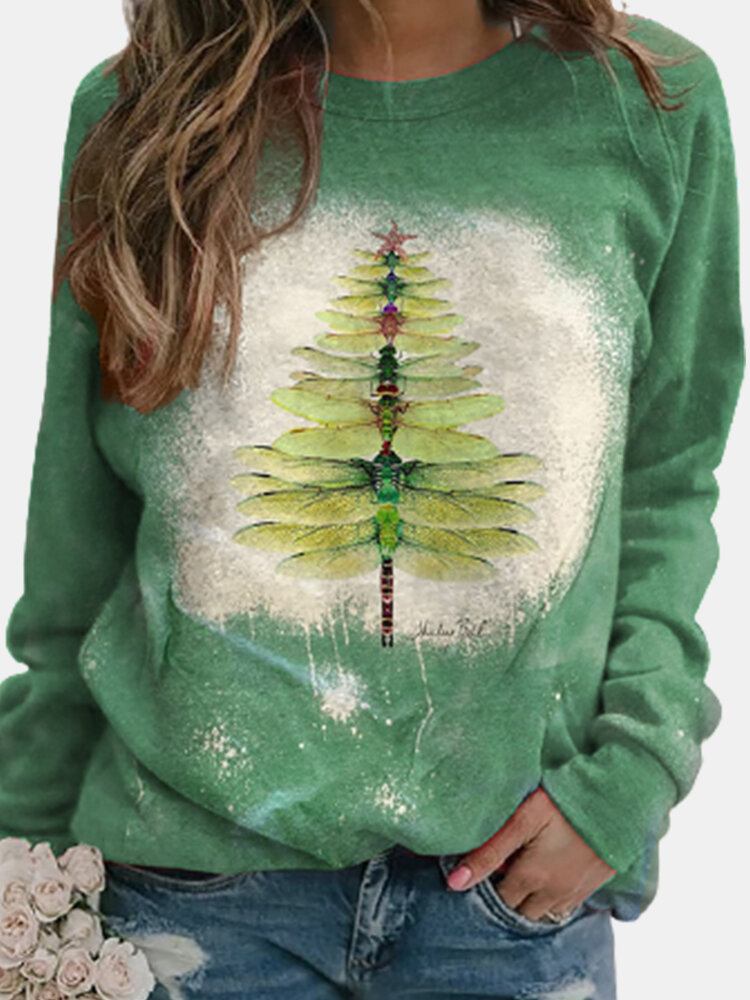 Kvinder Jul Dragonfly Tree Print Langærmet Casual T-shirt