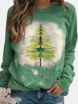 Kvinder Jul Dragonfly Tree Print Langærmet Casual T-shirt
