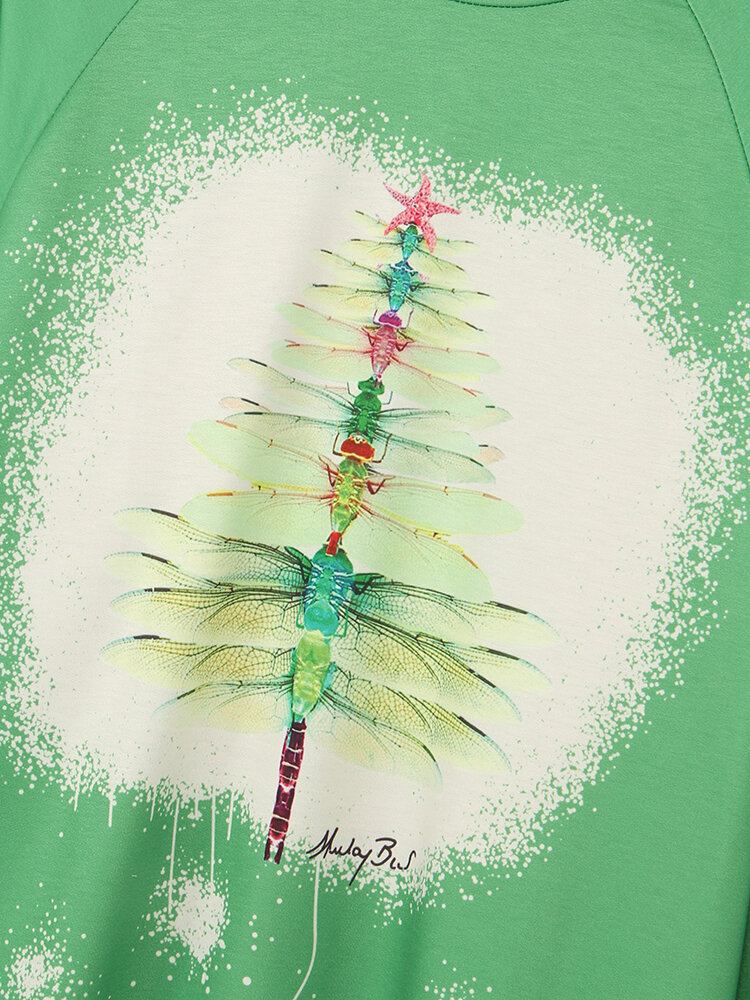 Kvinder Jul Dragonfly Tree Print Langærmet Casual T-shirt