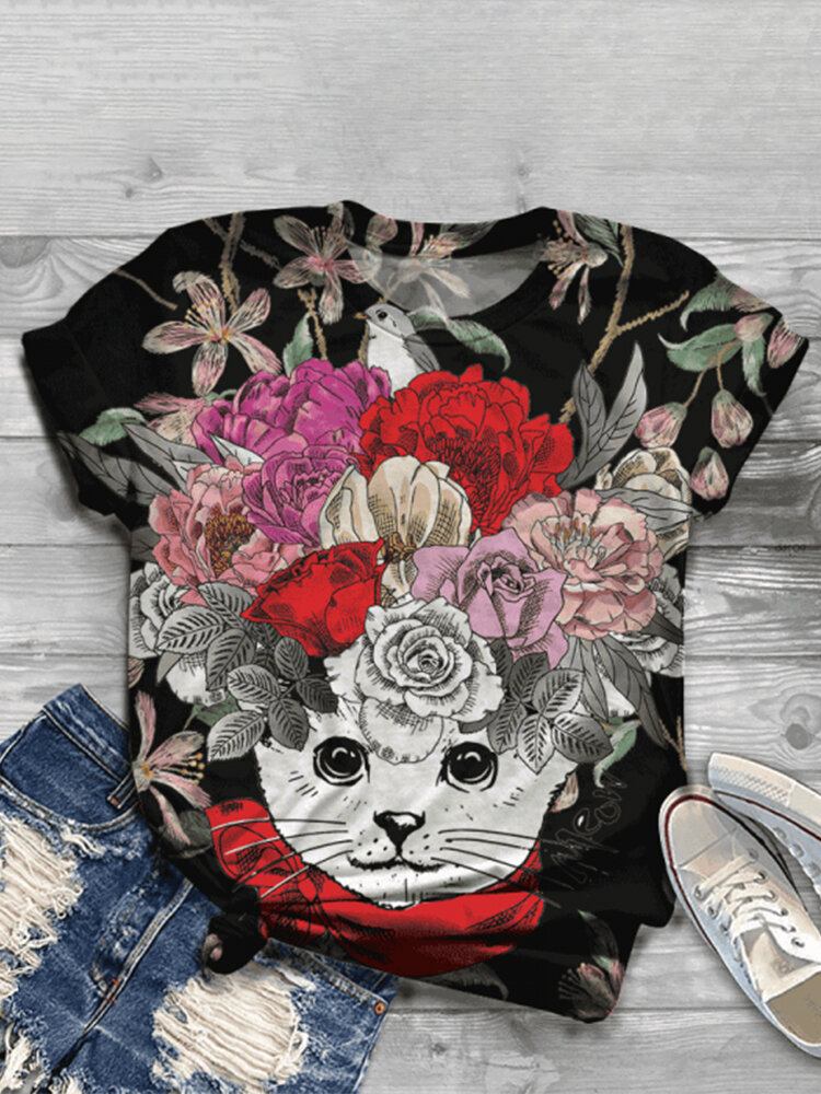 Kvinder Kat Blomsterprint O-hals Casual Kortærmede T-shirts