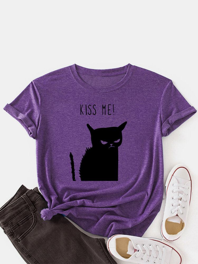 Kvinder Kiss Cat Print O-hals Kortærmet Casual T-shirt