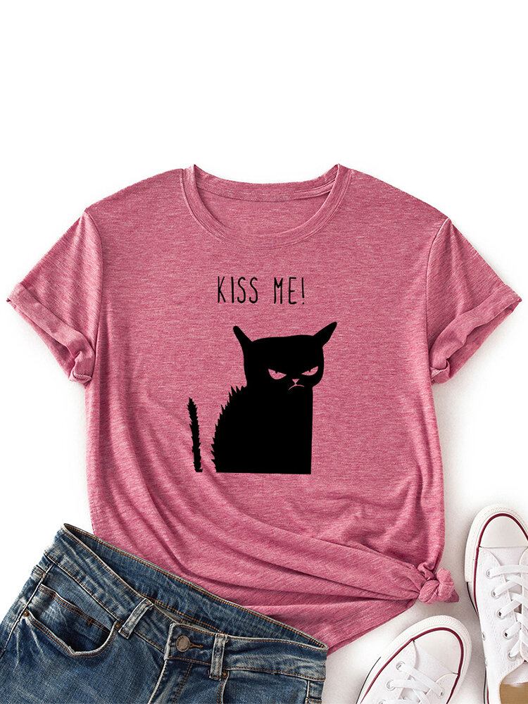 Kvinder Kiss Cat Print O-hals Kortærmet Casual T-shirt