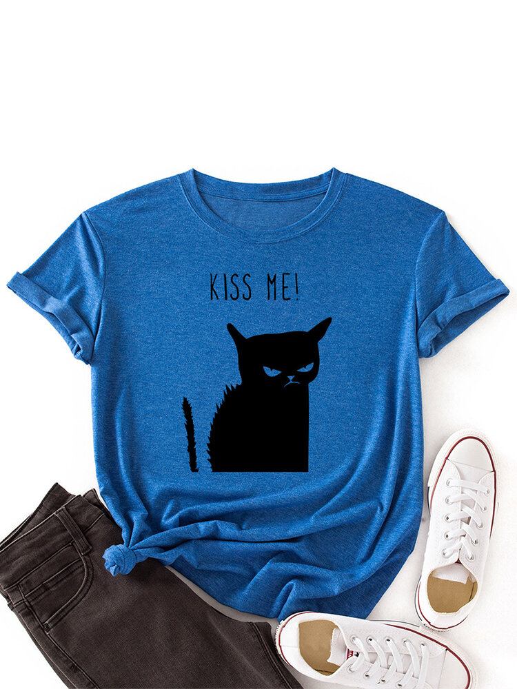 Kvinder Kiss Cat Print O-hals Kortærmet Casual T-shirt