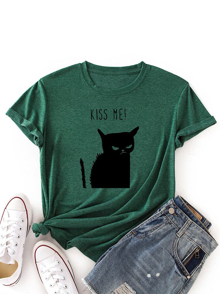 Kvinder Kiss Cat Print O-hals Kortærmet Casual T-shirt