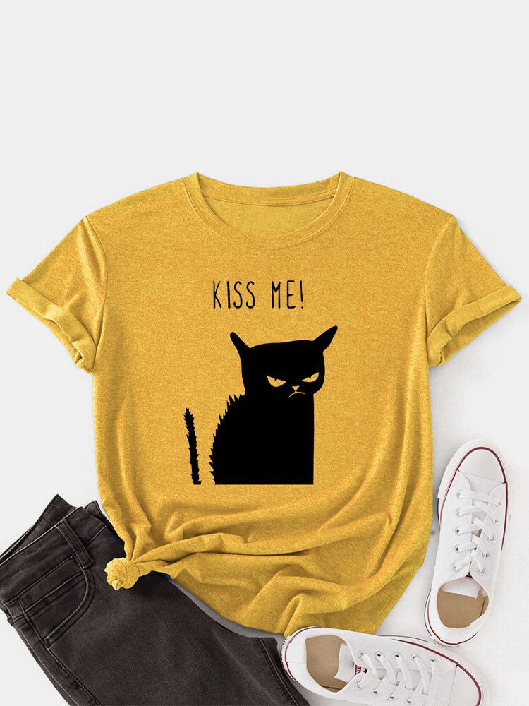 Kvinder Kiss Cat Print O-hals Kortærmet Casual T-shirt