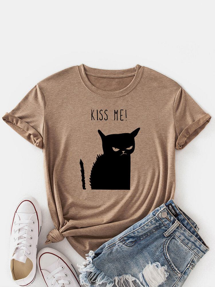 Kvinder Kiss Cat Print O-hals Kortærmet Casual T-shirt