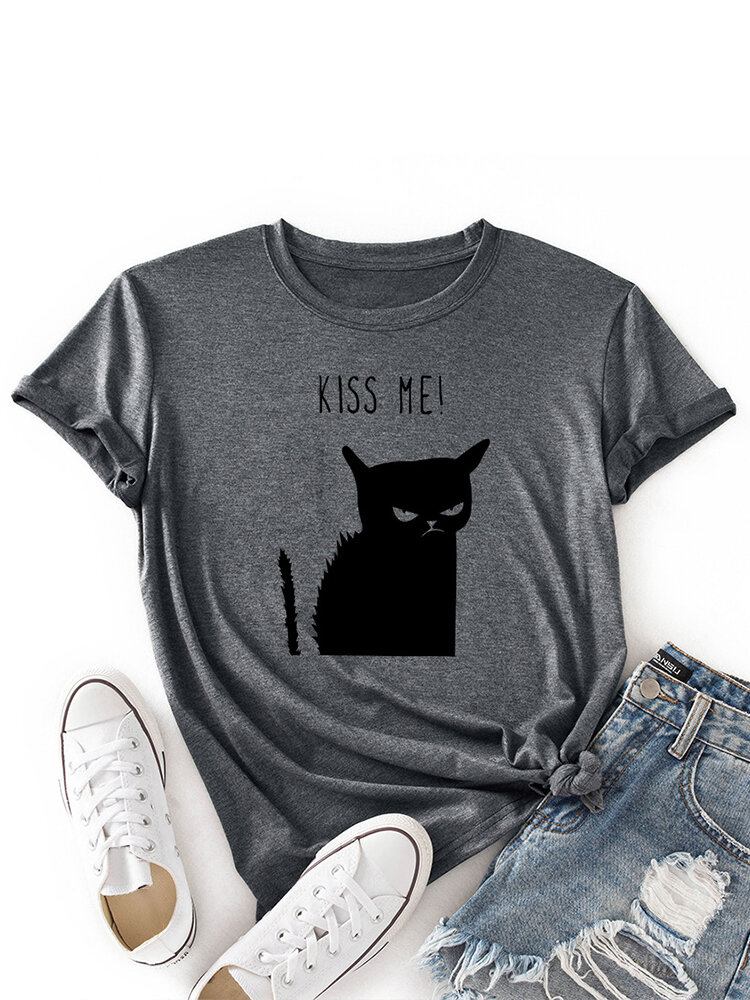 Kvinder Kiss Cat Print O-hals Kortærmet Casual T-shirt