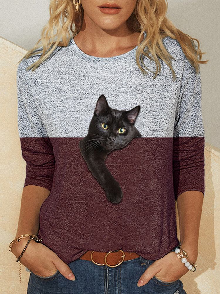 Kvinder Kontrastfarve 3d Cat Print Langærmet O-hals Casual T-shirt