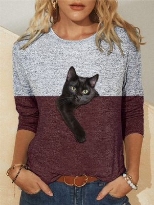 Kvinder Kontrastfarve 3d Cat Print Langærmet O-hals Casual T-shirt