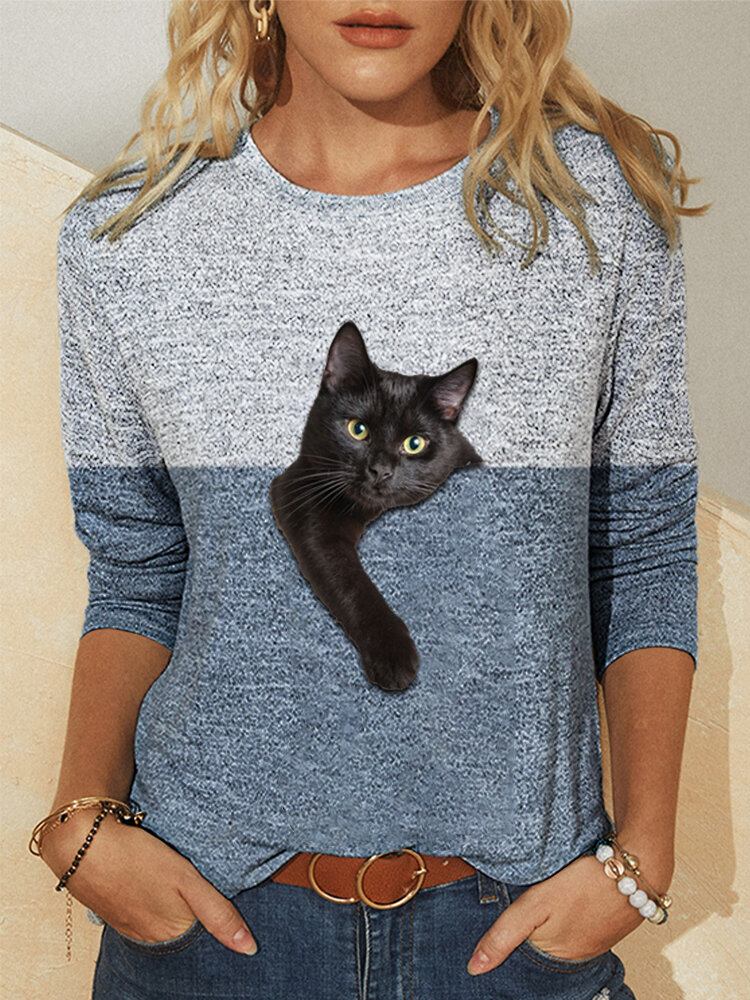 Kvinder Kontrastfarve 3d Cat Print Langærmet O-hals Casual T-shirt