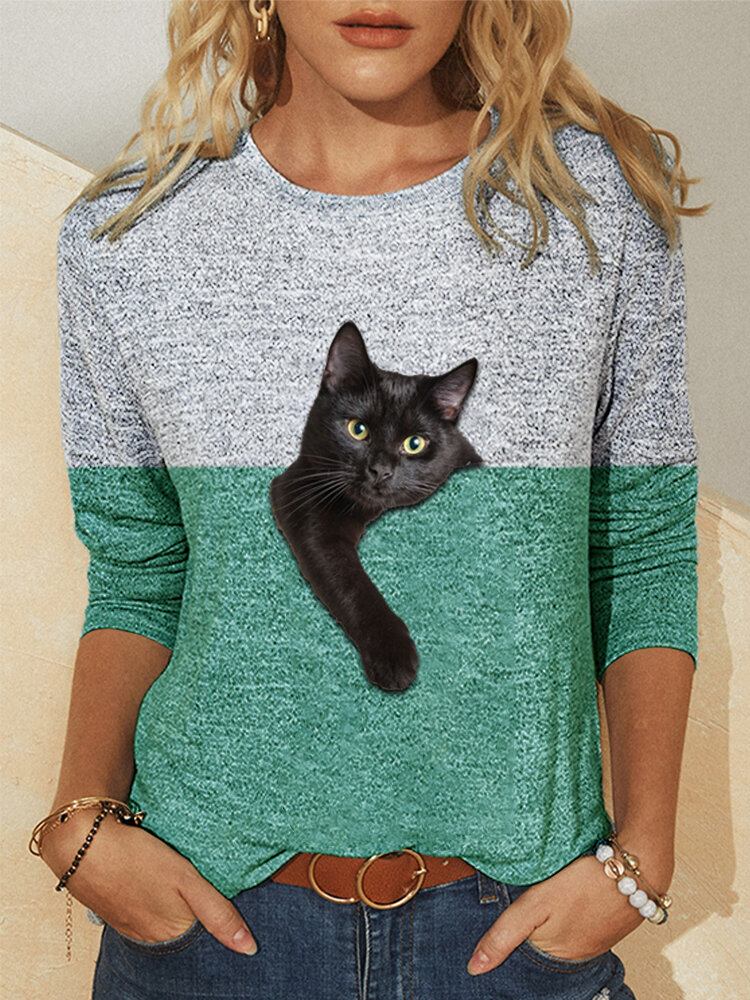 Kvinder Kontrastfarve 3d Cat Print Langærmet O-hals Casual T-shirt