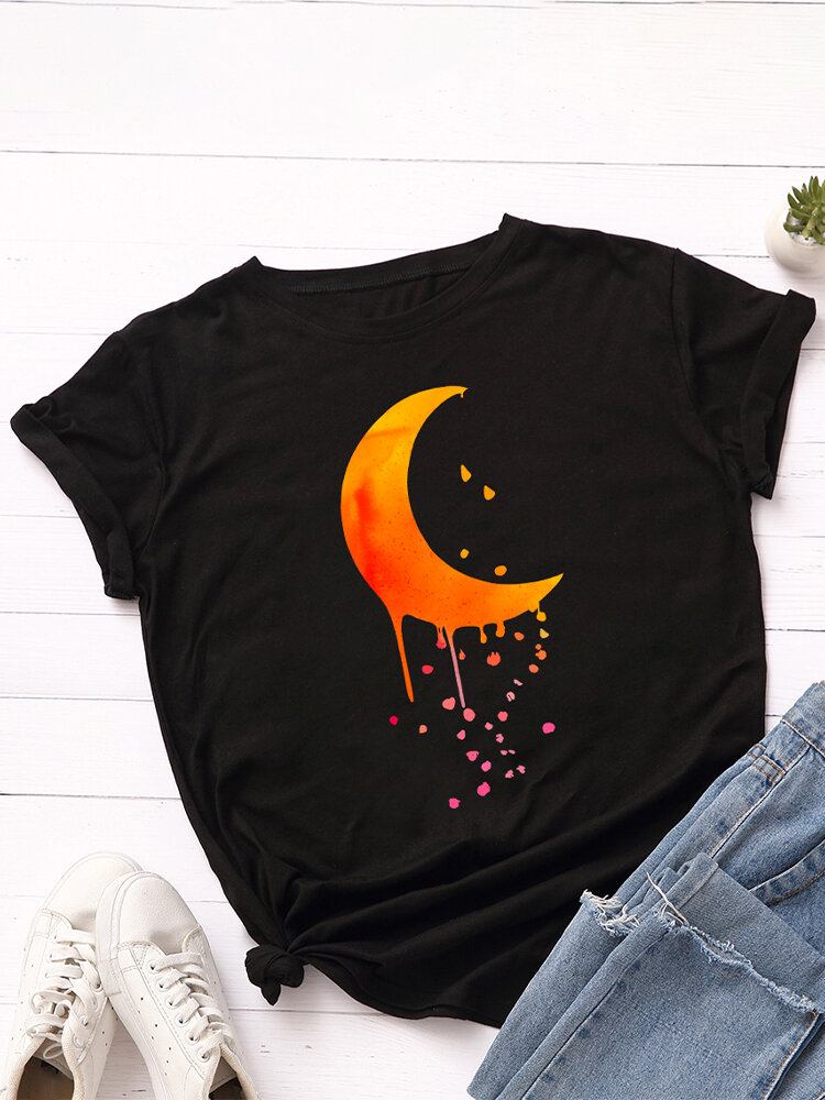 Kvinder Moon Graphics Rundhalset Casual Kortærmede T-shirts