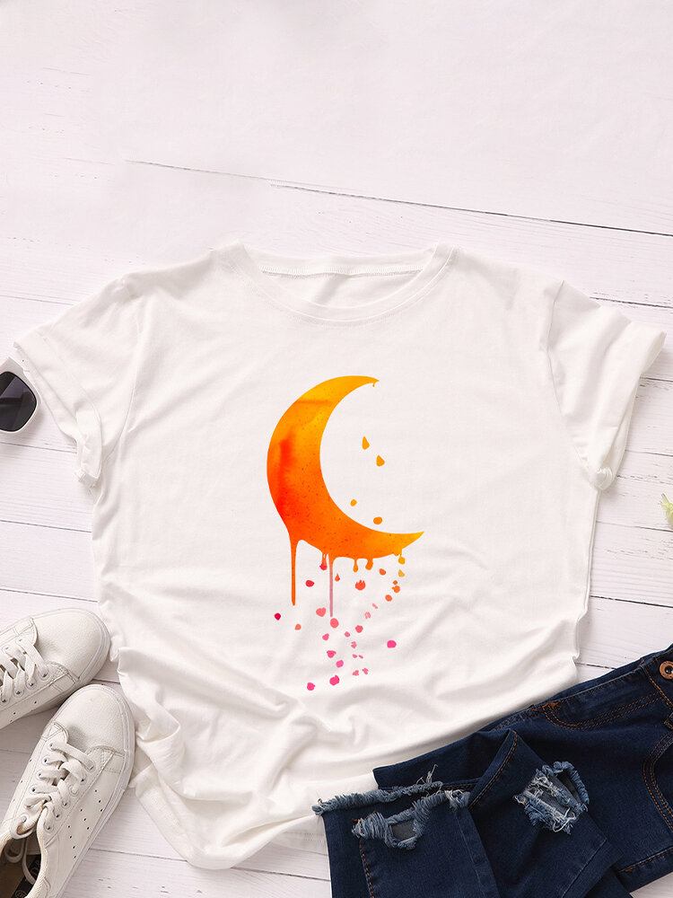 Kvinder Moon Graphics Rundhalset Casual Kortærmede T-shirts