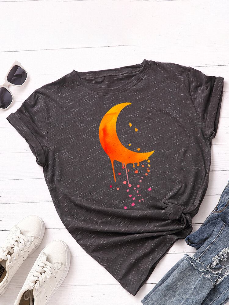 Kvinder Moon Graphics Rundhalset Casual Kortærmede T-shirts