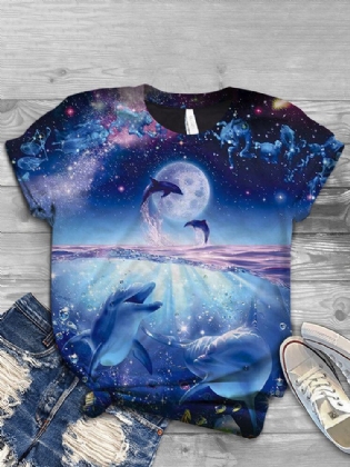 Kvinder Ocean Whale Animal Print O-hals Casual Kortærmede T-shirts
