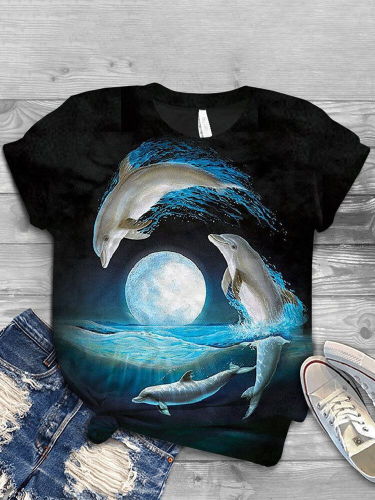 Kvinder Ocean Whale Animal Print O-hals Casual Kortærmede T-shirts