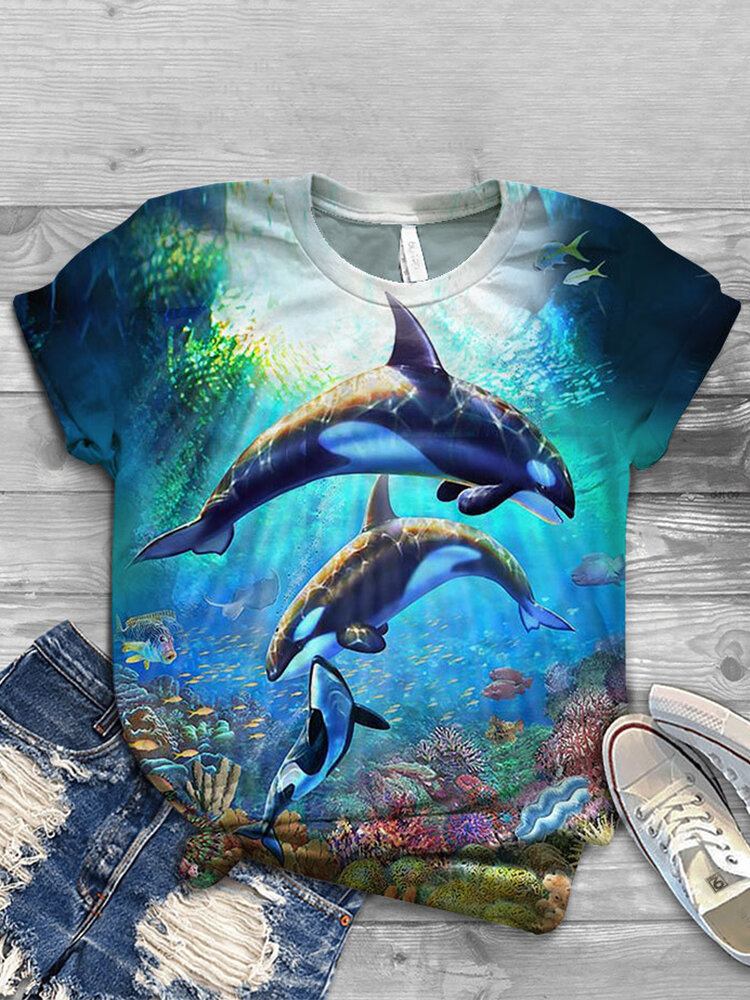 Kvinder Ocean Whale Animal Print O-hals Casual Kortærmede T-shirts