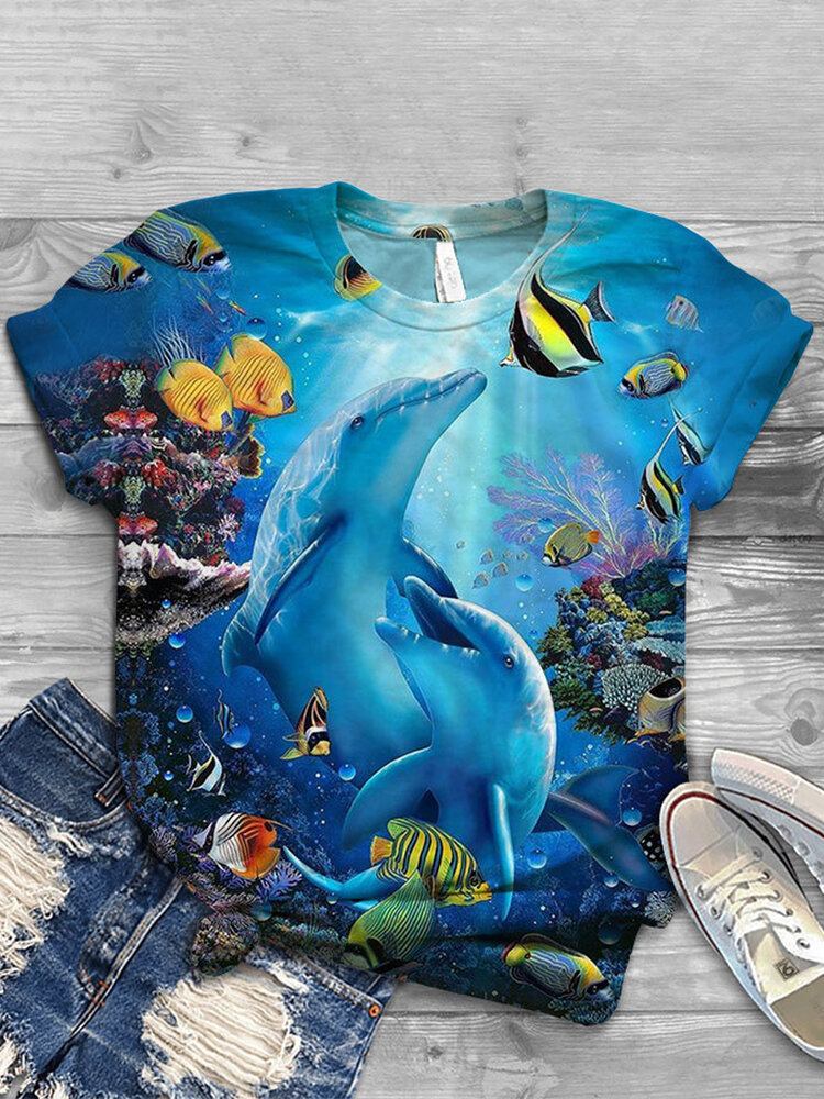 Kvinder Ocean Whale Print O-hals Casual Kortærmede T-shirts