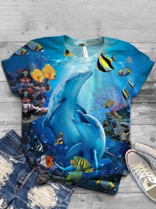 Kvinder Ocean Whale Print O-hals Casual Kortærmede T-shirts