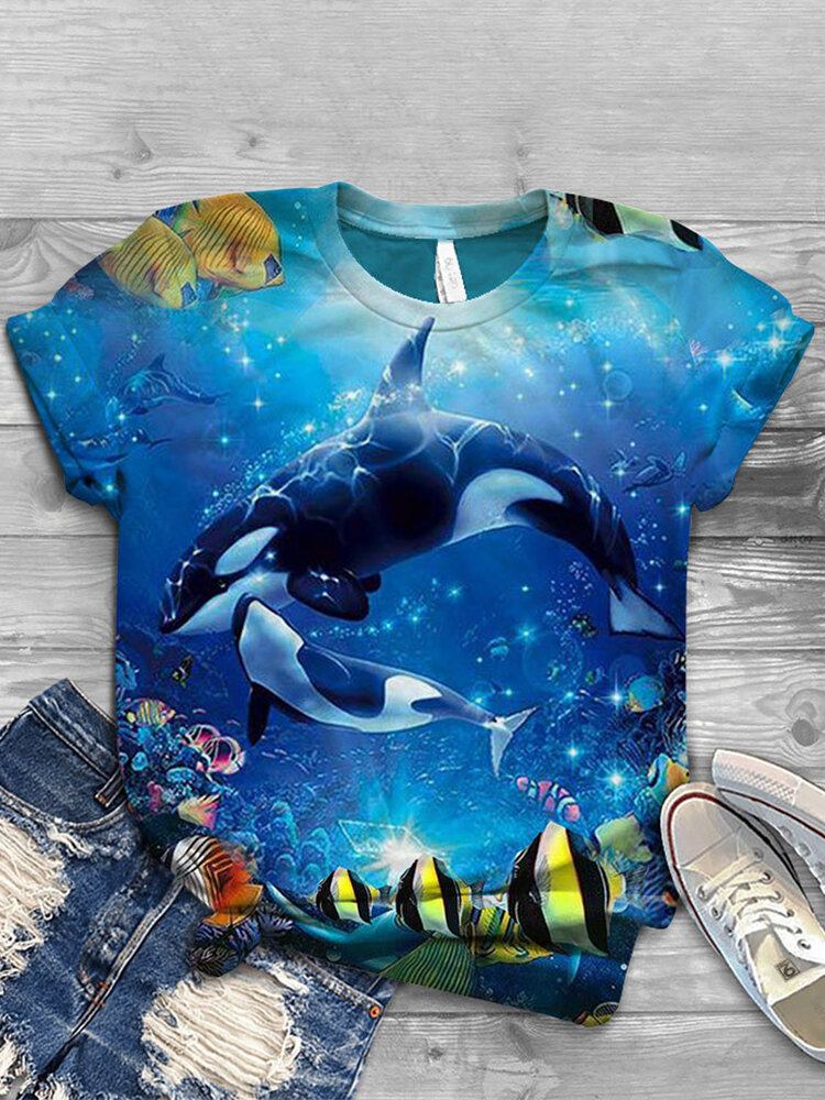 Kvinder Ocean Whale Print O-hals Casual Kortærmede T-shirts