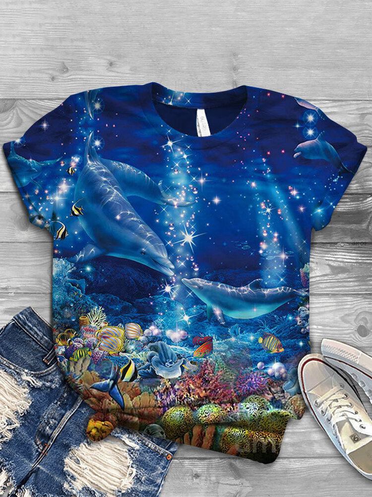 Kvinder Ocean Whale Print O-hals Casual Kortærmede T-shirts