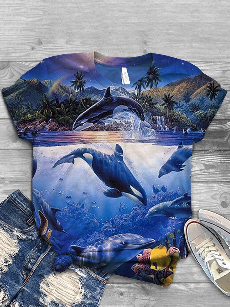 Kvinder Ocean Whale Print O-hals Casual Kortærmede T-shirts