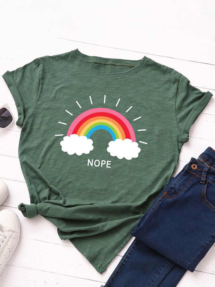 Kvinder Rainbow Letter Print O-hals Kortærmede Casual T-shirts