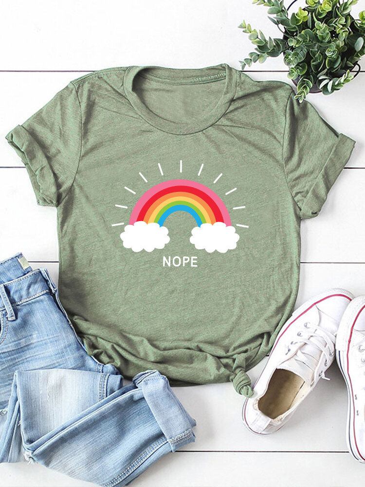 Kvinder Rainbow Letter Print O-hals Kortærmede Casual T-shirts