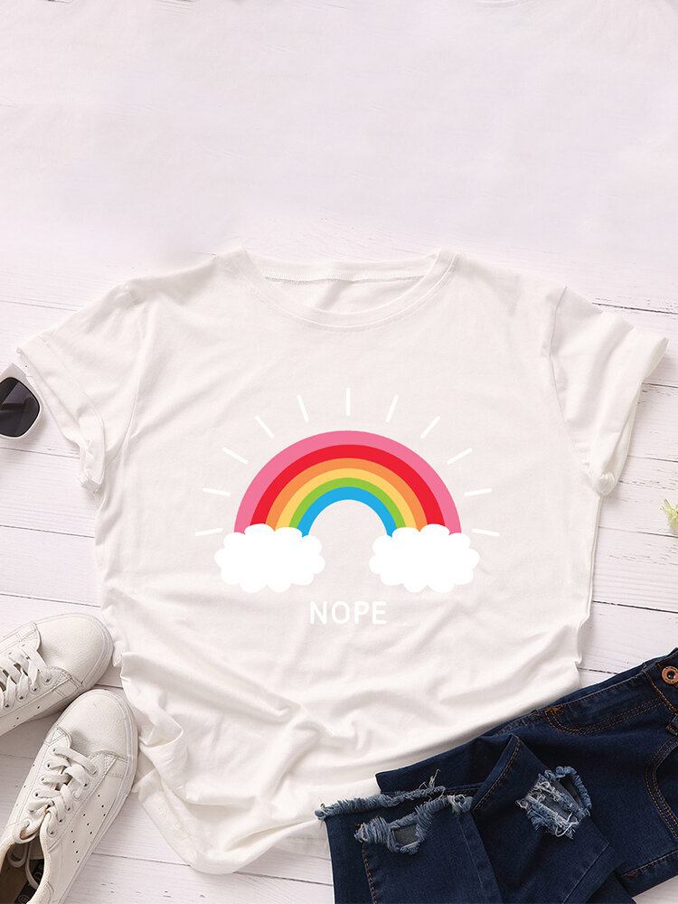 Kvinder Rainbow Letter Print O-hals Kortærmede Casual T-shirts