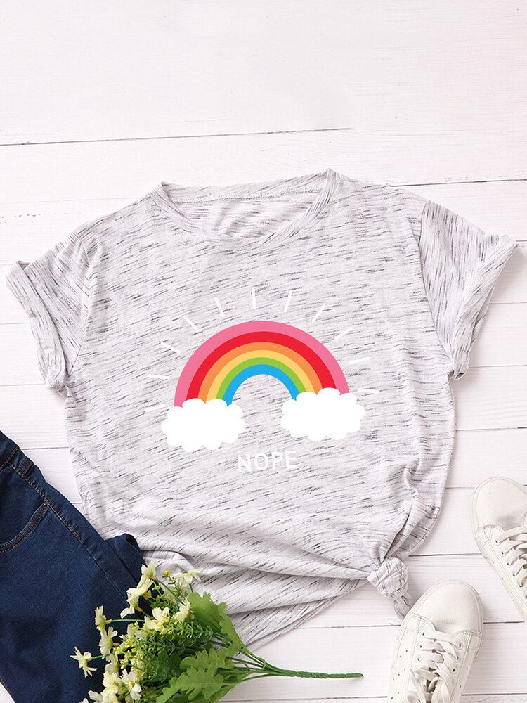 Kvinder Rainbow Letter Print O-hals Kortærmede Casual T-shirts