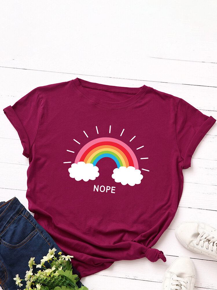 Kvinder Rainbow Letter Print O-hals Kortærmede Casual T-shirts