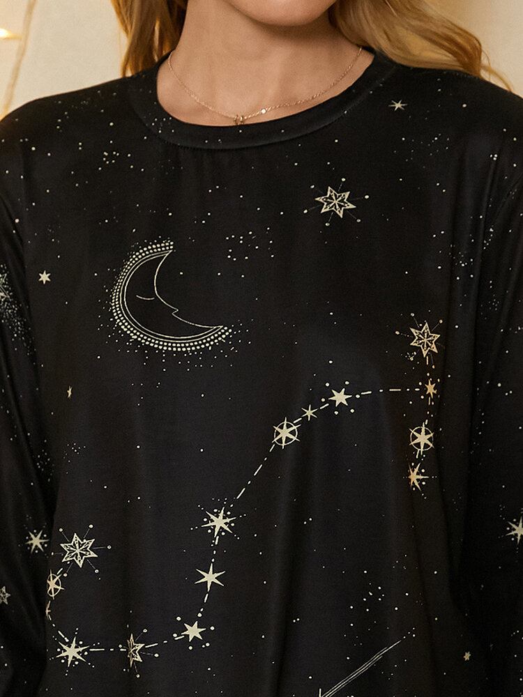 Kvinder Scorpio Print Stars Moon O-hals Langærmet Casual T-shirt