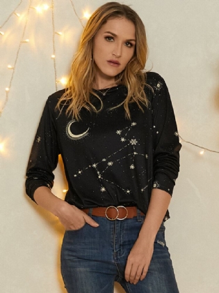 Kvinder Skytten Print Stars Moon O-hals Langærmet Casual T-shirt