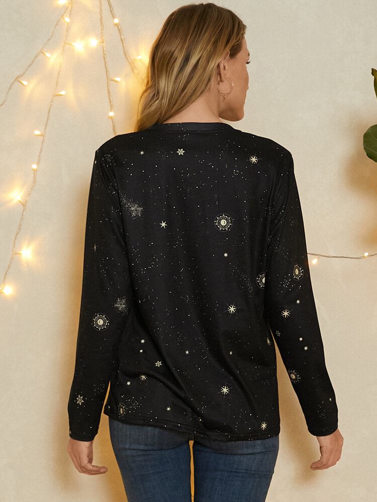 Kvinder Skytten Print Stars Moon O-hals Langærmet Casual T-shirt